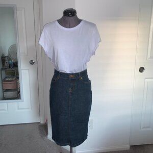 Zara high waisted denim midi pencil skirt